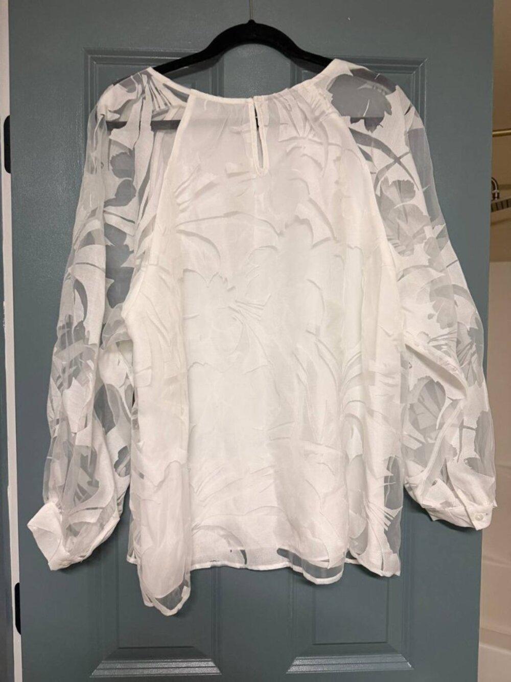 Alfani White Devoré Floral Mesh Long Sleeve Keyhole Blouse